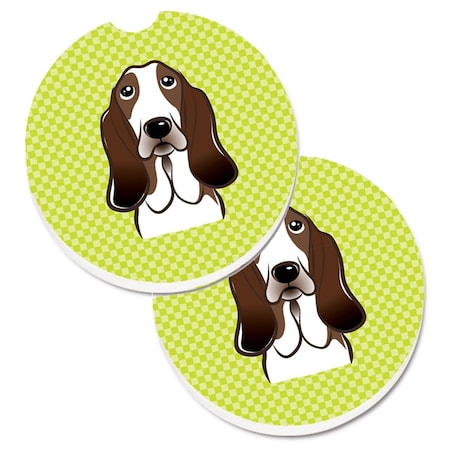 Carolines Treasures Checkerboard Lime Green Basset Hound Set of 2 Cup Holder Car Coaster BB1305CARC